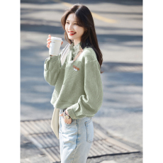 翻领条纹拼接假两件上衣2026秋新款百搭短款卫衣