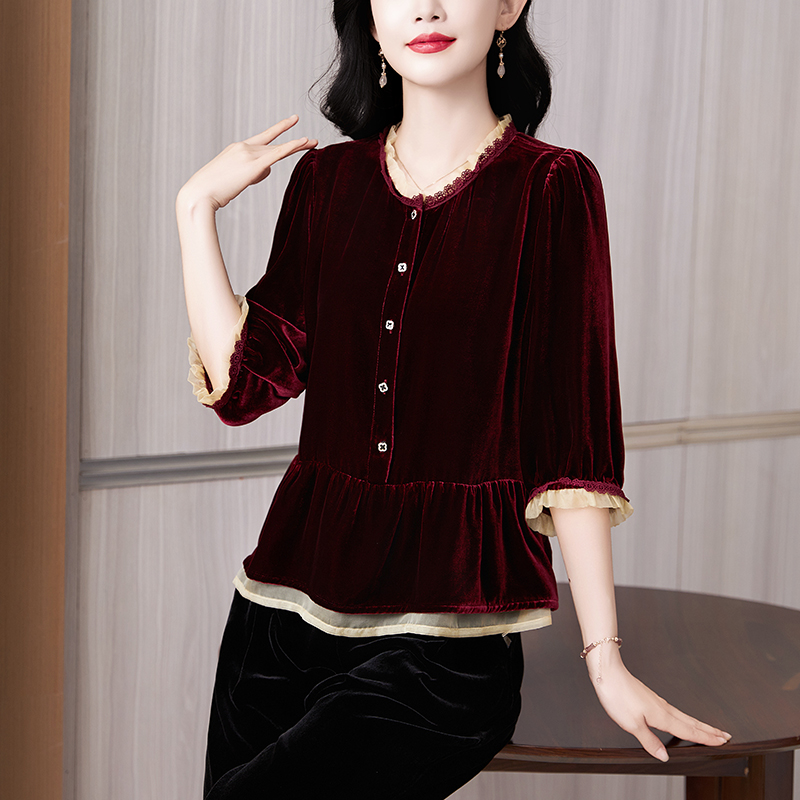 PF22236#新款纯色真丝丝绒上衣女桑蚕丝妈妈时尚气质洋气别致小衫春秋女裝貨源服裝批發