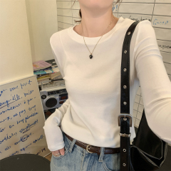 Real shot of autumn and winter Korean style round neck simple basic candy color versatile long-sleeved inner T-shirt top for women