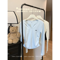 Real shot of autumn and winter Korean style half-open collar fishbone pleat slimming and sweet pure cotton long-sleeved inner top T-shirt