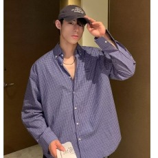 批发美式复古蓝色格子长袖衬衫男春秋<b class='q'>韩</b>版宽松高级感刺绣格纹衬衣外套