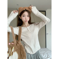 Real shot of autumn and winter Korean style round neck button fresh floral design jacquard pure cotton long-sleeved T-shirt inner top