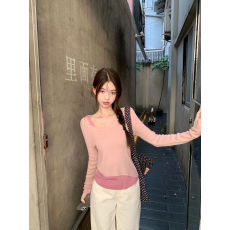 批发早秋设计感圆领假两件长袖针织衫女装2026新款小众套头内搭上衣潮
