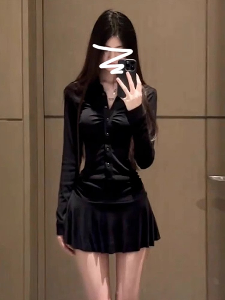 Black Collared Long-Sleeve Dress Shirt for Women, Autumn Stylish Design, Fitted, High-Waisted A-Line Short Skirt, Elegant and Refined