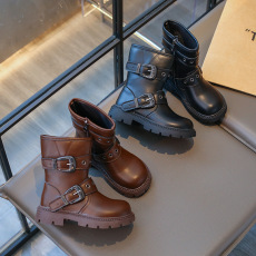 批发儿童时尚复古金属扣中筒靴2024年<b class='q'>秋</b>季新品男女童洋气潮范时装皮靴