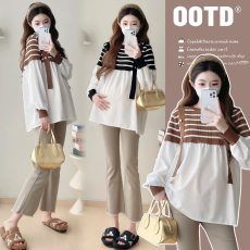 批发实拍新款2025孕妇秋装甜美宽松长袖娃娃衫减龄百搭条纹拼接上衣