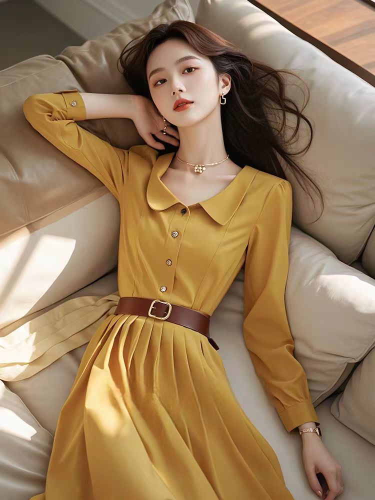 베이비 칼라 황색 긴팔 셔츠 여성 드레스 2026 새로운 빛 럭셔리 고급 센스 품격 허리 수축 슬림해 보이는 롱 스커트