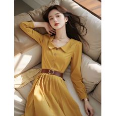 批发娃娃领黄色长袖衬衫<b class='q'>连衣裙</b>女2025新款轻奢高级感气质收腰显瘦长裙