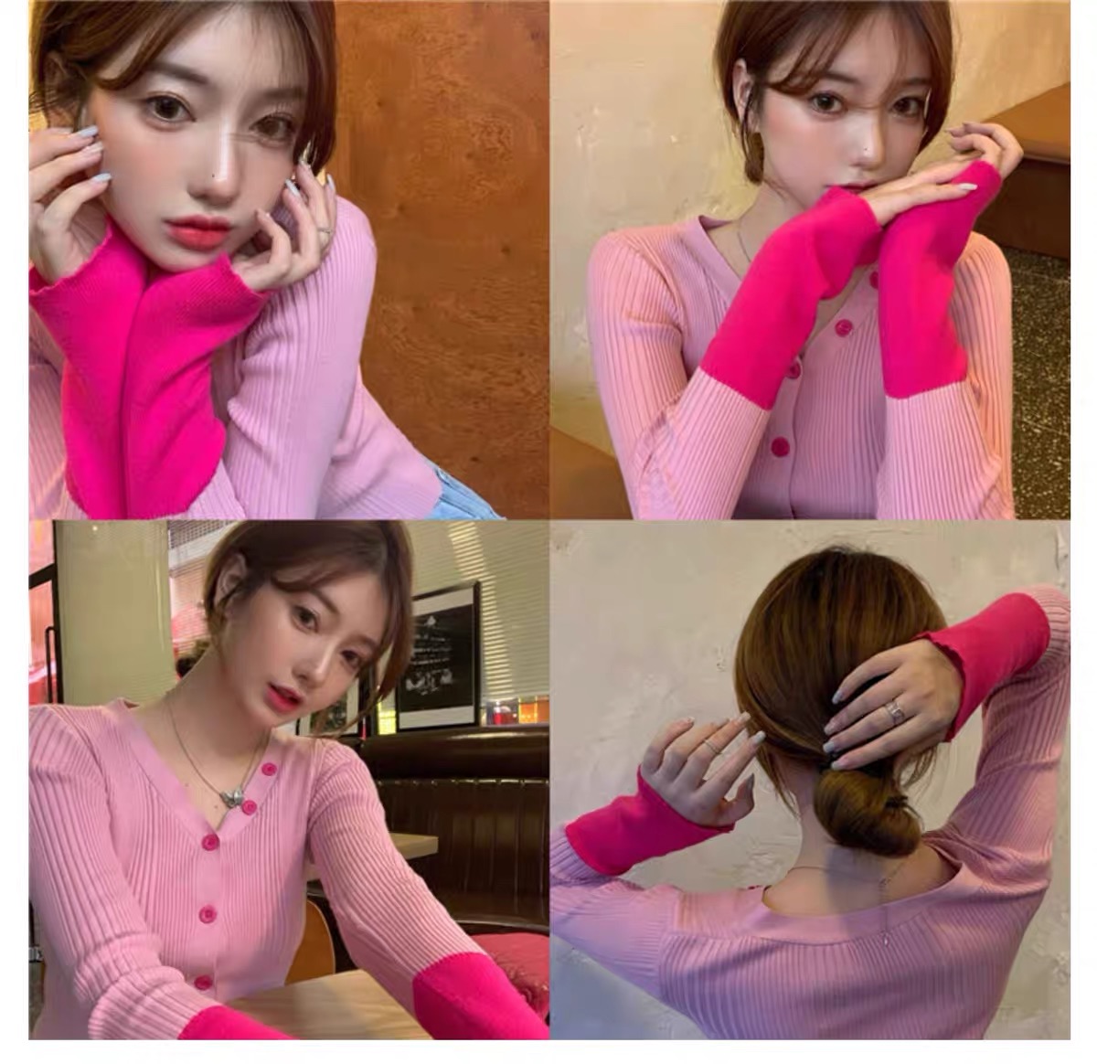 루즈핏 느긋한 바람 배색 털 니트 스웨터 여성 가을 V넥 작은 열림 셔츠 고급 센스