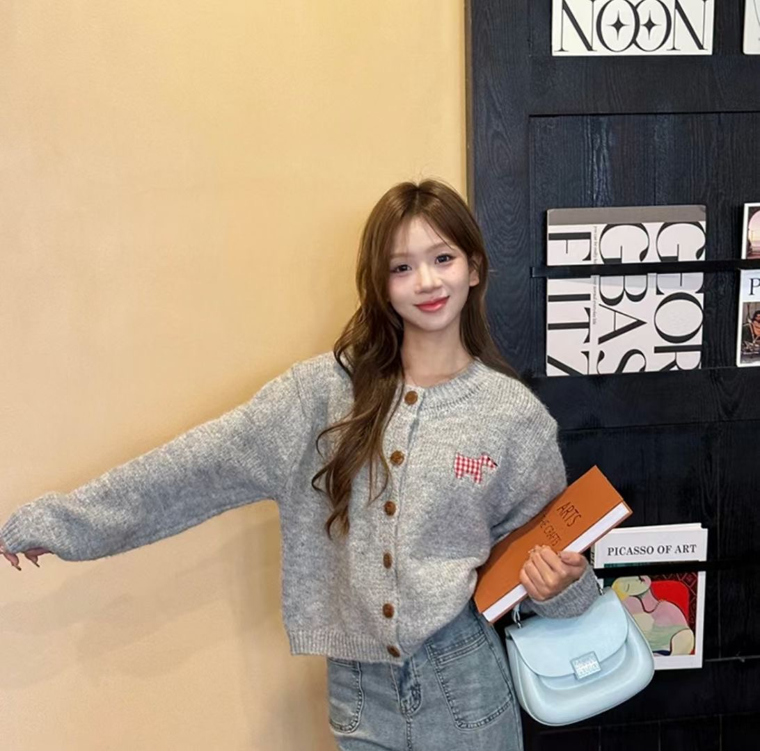 한 부서 강아지 사탕 색상 달콤함 니트 오픈 가디건 스웨터 가을 겨울 새로운 느긋한 바람 재킷