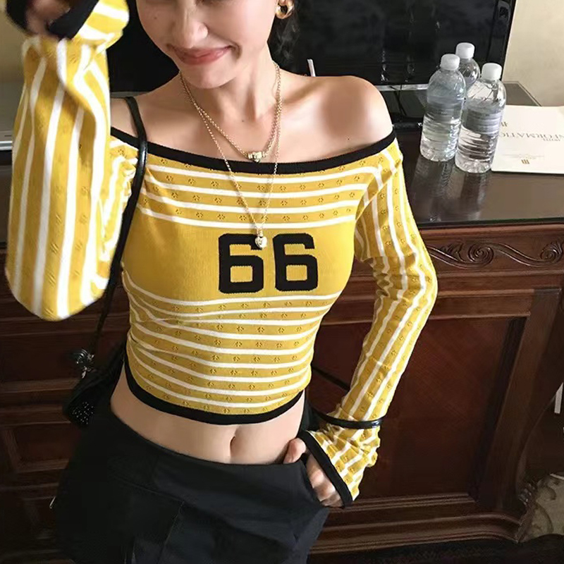 2024 early autumn new style color-blocked one-shoulder striped letter long-sleeved sweater women's slim off-shoulder inner top