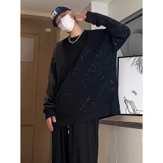 批发黑色圆领卫衣重磅高街vibe美式满天星上衣早秋打底休闲运动t恤男