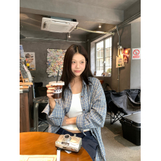 批发实价韩系复古慵懒风蓝色格纹长袖<b class='q'>衬衫</b>女装2026休闲上衣防晒外套