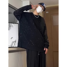 批发黑色圆领卫衣重磅高街vibe美式满天星上衣早秋打底休闲运动t恤男