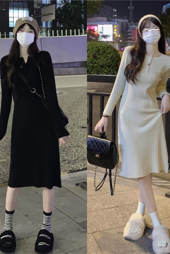 A pitted knitted dress with a coat for women in autumn and winter, a mid-length over-the-knee sweater dress with a bottoming skirt for small people.