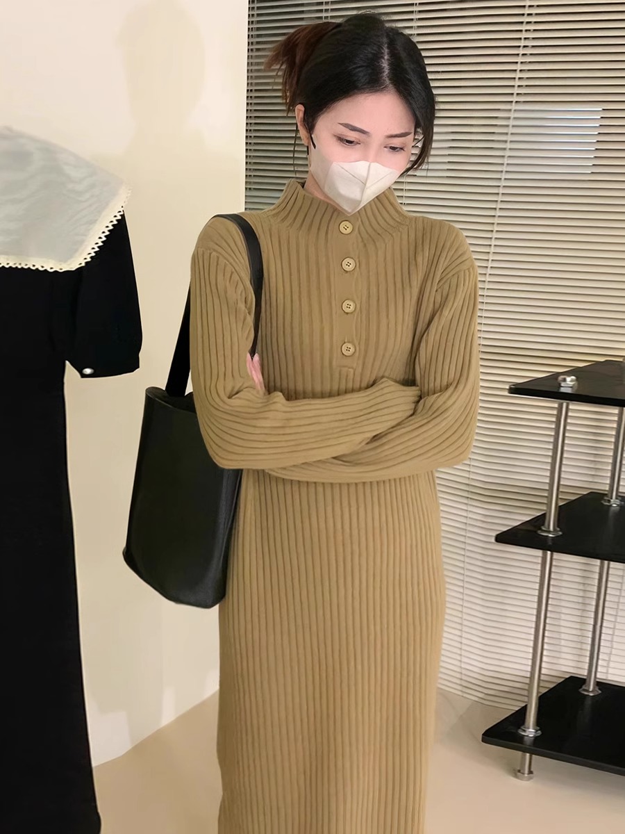 Over-the-knee loose stand-up collar thickened dress mid-length autumn and winter new Korean style pit strip inner sweater knitted skirt