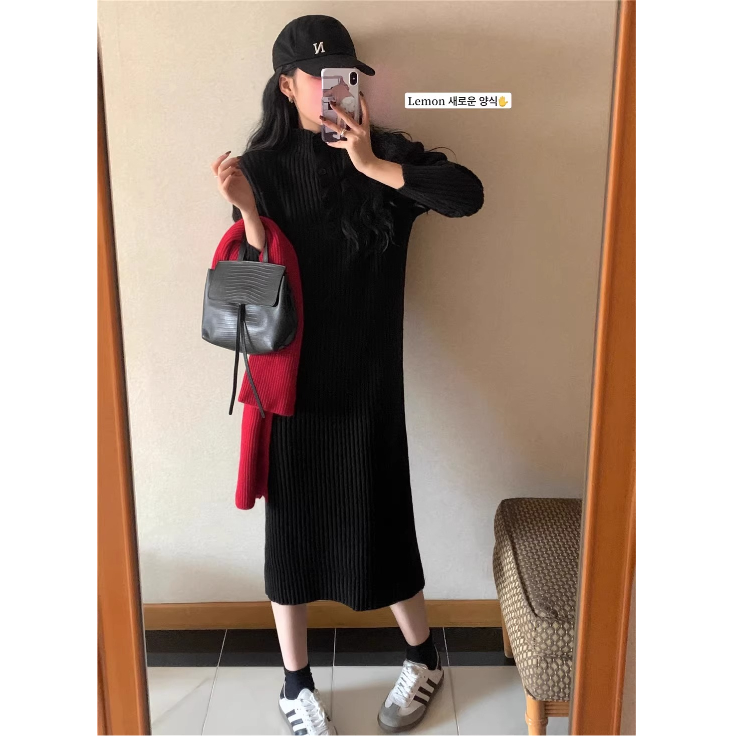 Over-the-knee loose stand-up collar thickened dress mid-length autumn and winter new Korean style pit strip inner sweater knitted skirt