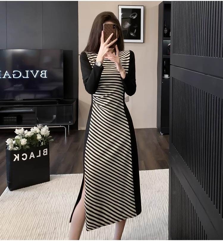 Korean chic autumn design niche simple contrasting stripes slim slim fit hip hip dress women's clothing