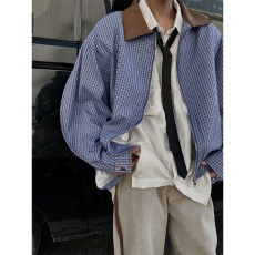 批发美式复古格子短款夹克男春秋休闲潮牌高级感cleanfit撞色翻领上衣