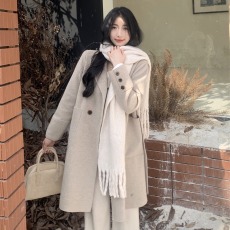 批发实拍实价~双面羊绒大衣<b class='q'>女</b>设计感长款过膝高端修身羊毛呢子外套