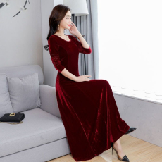 批发春秋冬新款金丝绒<b class='q'>连衣裙</b>气质长款圆领长袖<b class='q'>旗袍</b>大码女打底裙长裙子