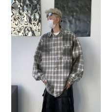 批发美式复古衬衫男秋季脏染格子衬衣外套oversize宽松情侣设计感上衣