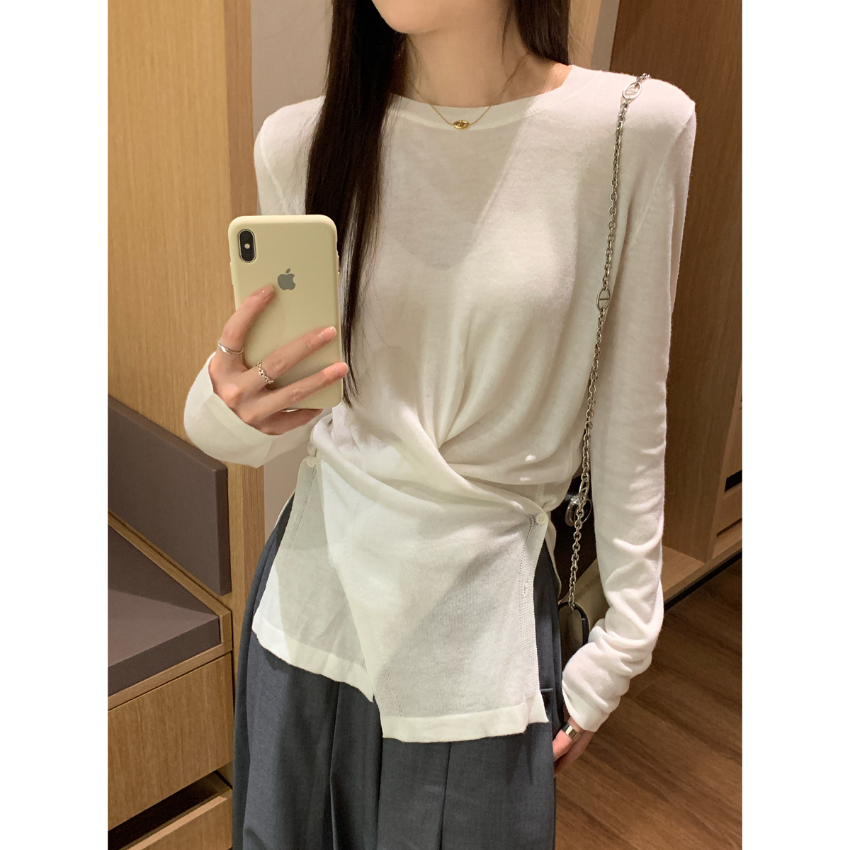 Real shot of autumn and winter Korean style temperament cross-button design slimming 6 wool knitted long-sleeved bottoming top for women