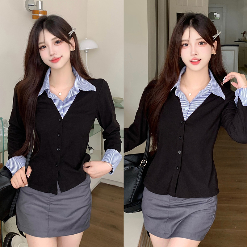 PF22568#胖mm气质假两件条纹拼接衬衫2024秋季新款减龄学院风上衣衬衫女裝貨源服裝批發