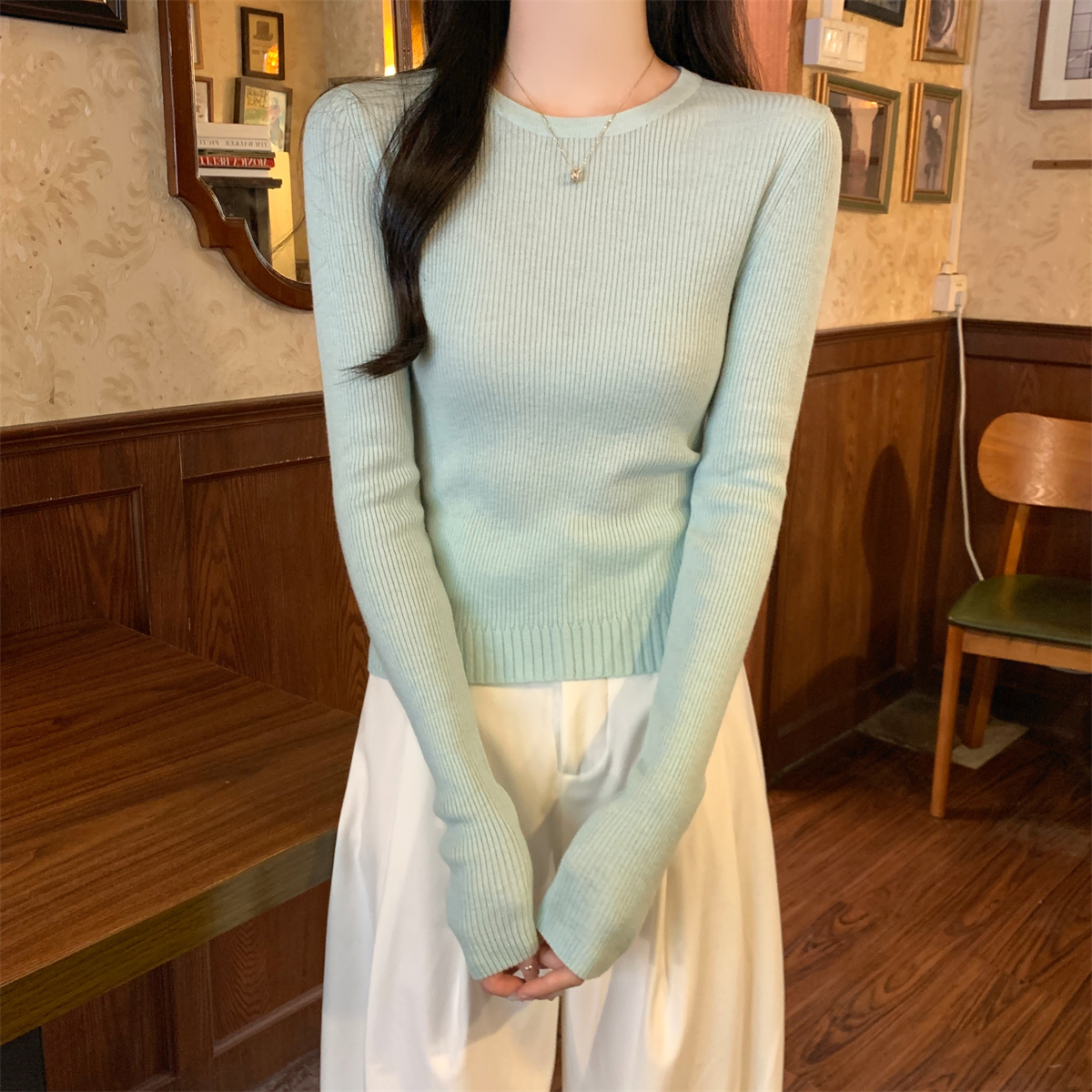 Actual shot of autumn and winter Korean style slim-fitting, simple and versatile 6 wool soft and waxy slimming sweater long-sleeved bottoming top