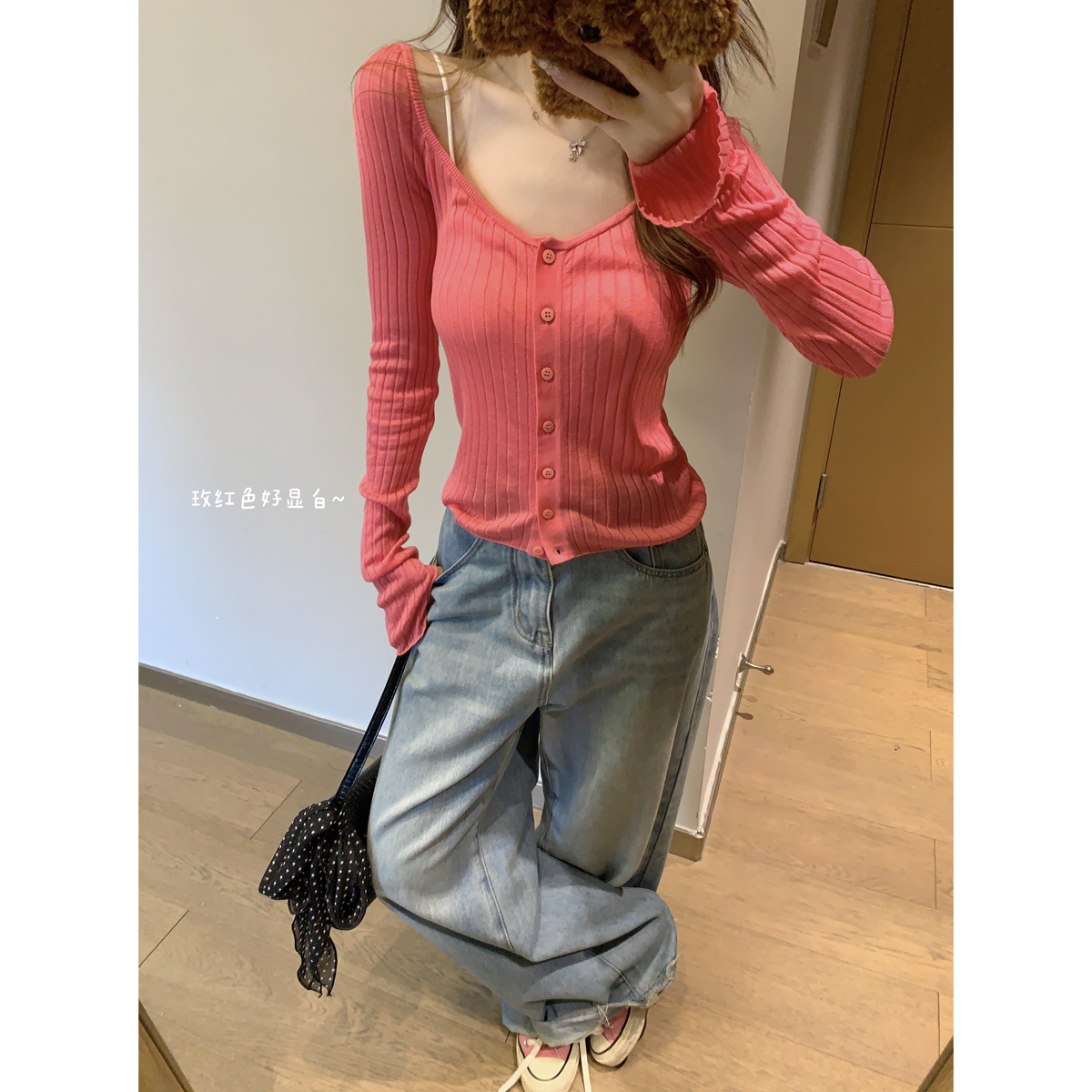 Real shot of autumn Korean version of Pure Desire, generous collar, pit strips, single-breasted 6 wool knitted long-sleeved cardigan top for women