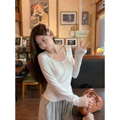 Actual shot of autumn and winter Korean style Pure Desire buttoned lace fake two-piece slim and versatile long-sleeved T-shirt with inner top