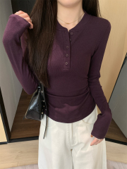 Actual shot of autumn and winter Korean style slim-fitting round-neck pleated slimming design long-sleeved inner T-shirt top for women