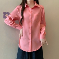 批发秋装实拍新款大码女装法式外搭男友风宽松粉色<b class='q'>衬衫</b>