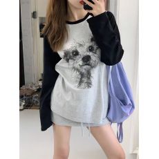 批发美式复古可爱印花长袖T恤女潮流宽松独特时尚撞色插肩袖上衣