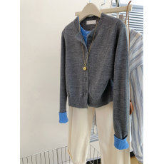 批发灰色假两件针织衫开衫女早秋春秋毛衣高级感针织外套上衣2024新款