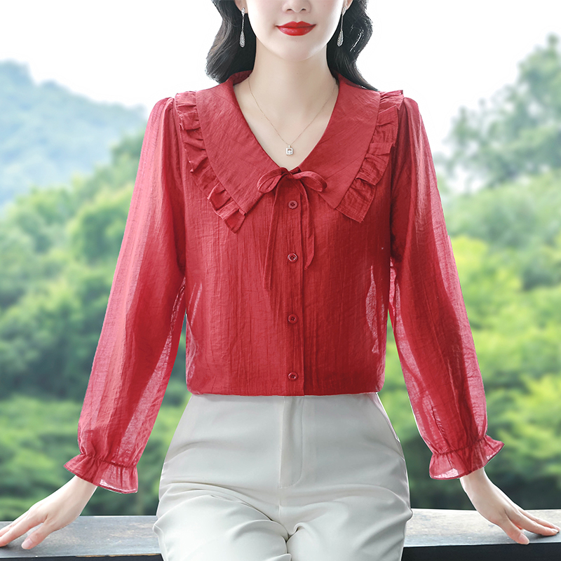PF22301#娃娃领纯色漂亮减龄妈妈气质百搭衬衫新款打底小衫女裝貨源服裝批發