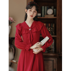 批发法式红色连衣<b class='q'>裙</b>女秋装新款气质女神范长袖<b class='q'>裙</b>子<b class='q'>伴娘</b>长<b class='q'>裙</b><b class='q'>收腰</b>+50