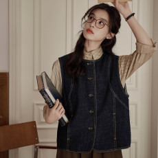 批发实拍2026春季新款复古设计感圆领牛仔马甲<b class='q'>百搭</b>牛仔外套女
