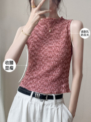 無袖圓領褶皺背心女2024年夏季辣妹高級感純欲修身顯瘦別致上衣