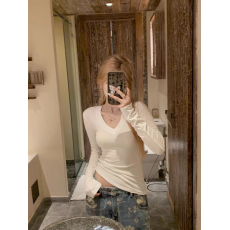 批发韩国外贸韩版春季新款纯色V领长袖T恤女显瘦<b class='q'>防晒衫</b>百搭上衣
