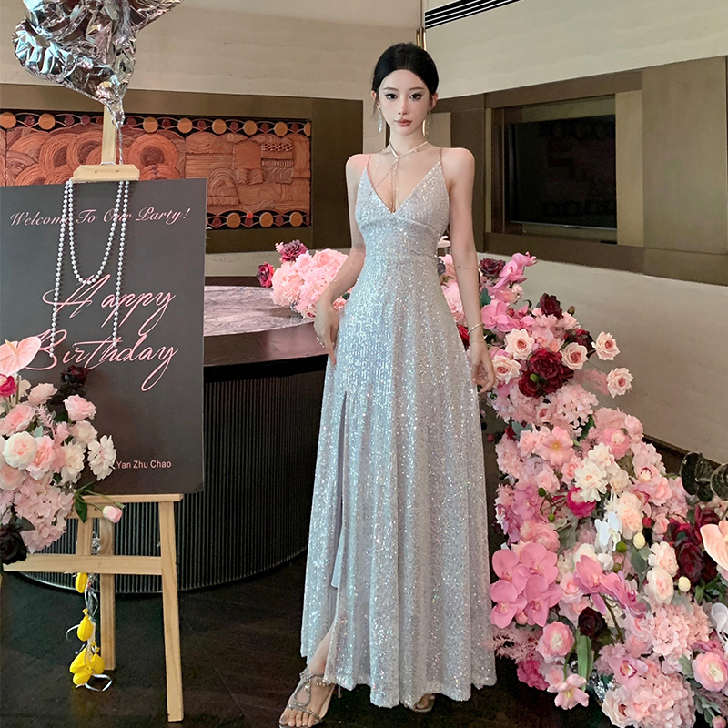 FA36378# 亮片闪闪吊带裙年会闺蜜装生日宴会礼服轻婚纱敬酒服长裙 服裝批發女裝批發服飾貨源