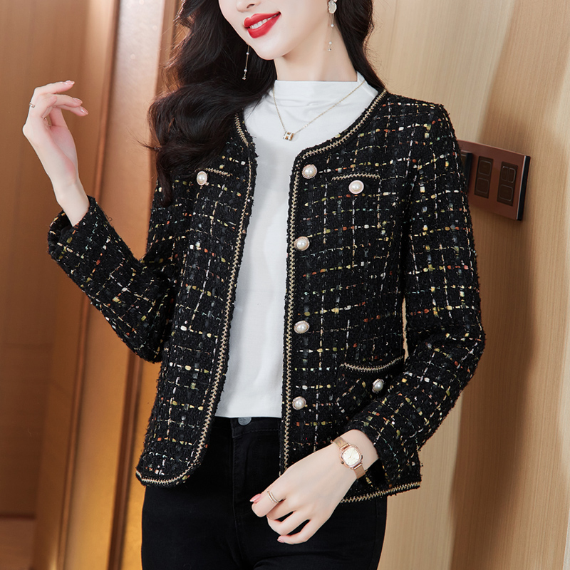 MY16491# 小香风外套新款黑色亮丝短款法式气质大码上衣女裝貨源服裝批...