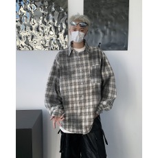 批发美式复古衬衫男秋季脏染格子衬衣外套oversize宽松情侣设计感上衣