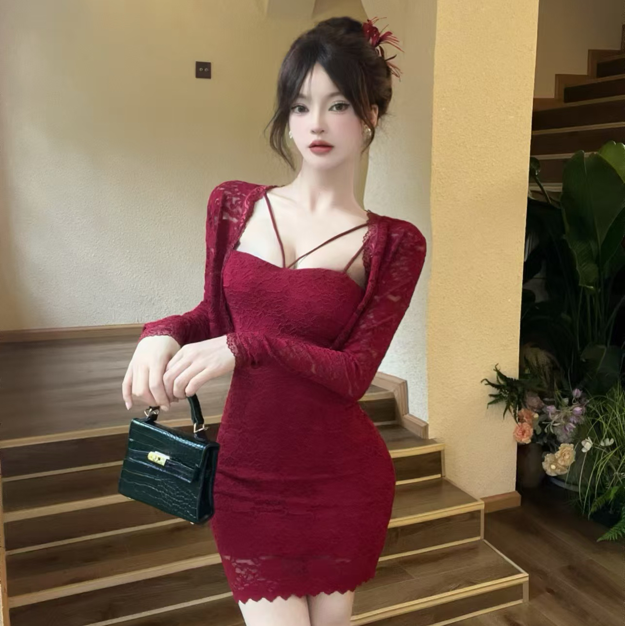 LN56398# 性感蕾丝吊带包臀连衣裙两件套，外套是均码 服裝批發女裝批發服飾貨源