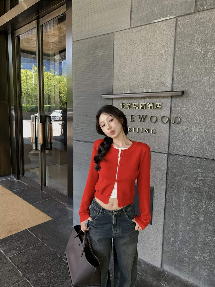 Real shot of fake two-piece knitted cardigan for women, slim-fitting, long-sleeved, soft and waxy outer top