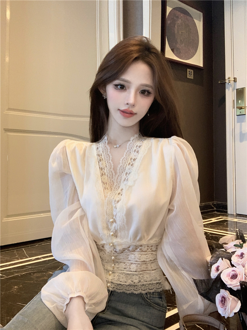 PF22249#法式气质蕾丝拼接V领灯笼袖衬衫女秋季辣妹显瘦雪纺衫女裝貨源服裝批發
