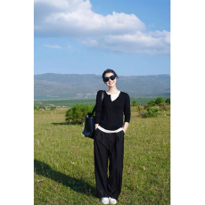 批发跨境外贸黑色假两件v领内搭女秋季修身<b class='q'>显瘦</b>打底衫长袖上衣
