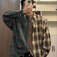 批发秋季新款复古慵懒<b class='q'>风</b>小众破洞晕染格子休闲宽松格子衬衣男长袖衬衫