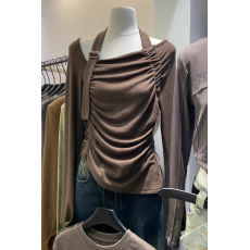 批发2026新款斜领挂脖露肩长袖<b class='q'>衬衫</b>女纯欲辣妹风褶皱收腰别致小衫上衣