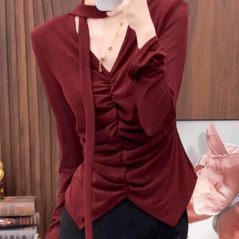 PF22241# V领挂脖短款T恤女新款甜辣修身收腰飘带体恤长袖上衣女裝貨源服裝批發